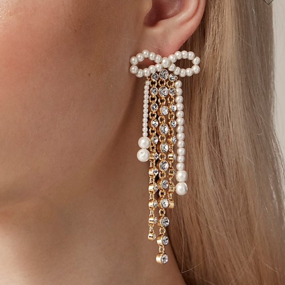 J. Crew Pearl Bow Dangly Statement Earrings